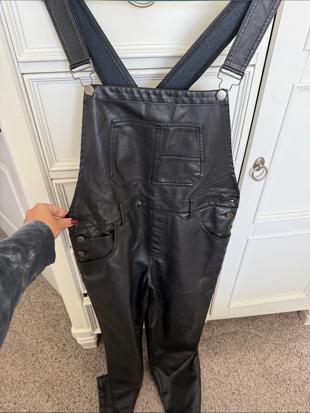 Fate Black Faux-Leather Women's Overalls with Front Bib Pocket